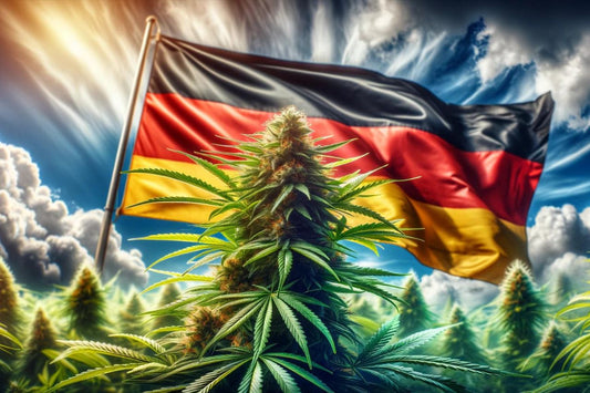 Cannabisplant voor een wapperende Duitse vlag