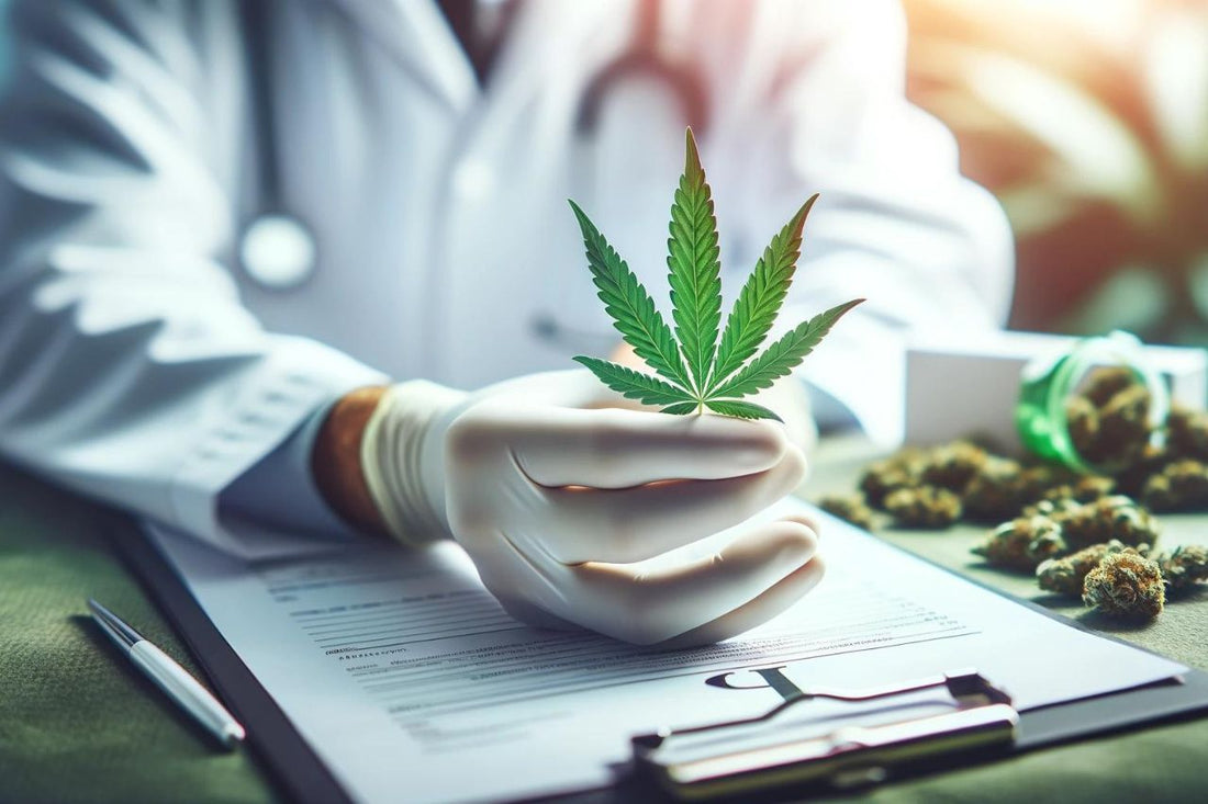 Dokter houdt een cannabisblad vast