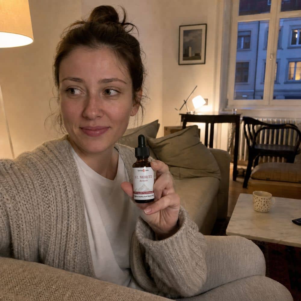 Vrouw met een flesje St. Moritz CBD-olie in een woonkamer
