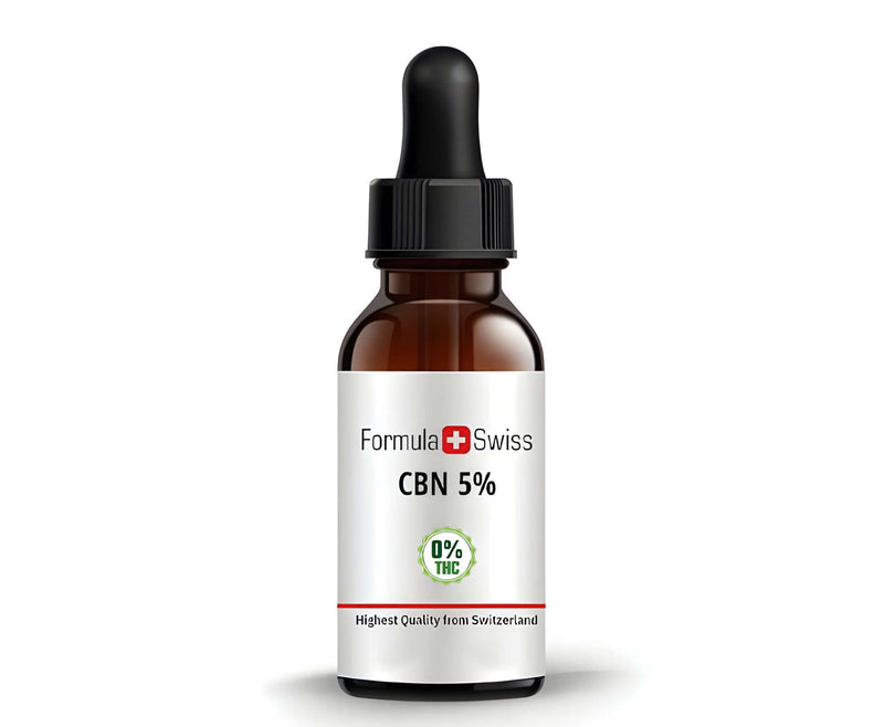Formula Swiss CBN-olie 5% met 0% THC in een amberkleurig druppelflesje
