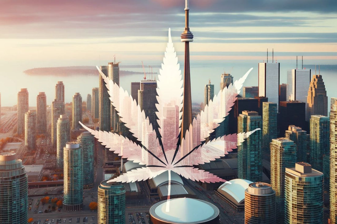 doorschijnend cannabisblad met achtergrond van stadsgezicht