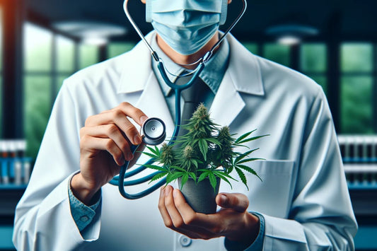 Een arts houdt een cannabisplant vast