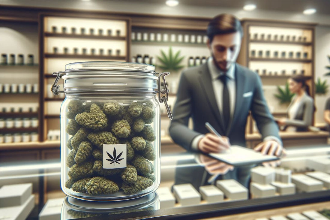 Een pot cannabis bij een apotheek