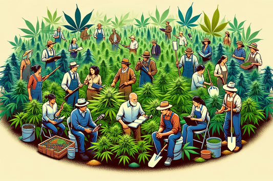 Een groep mensen in een cannabisveld