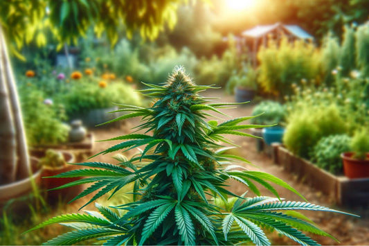 Cannabisplant in een tuin
