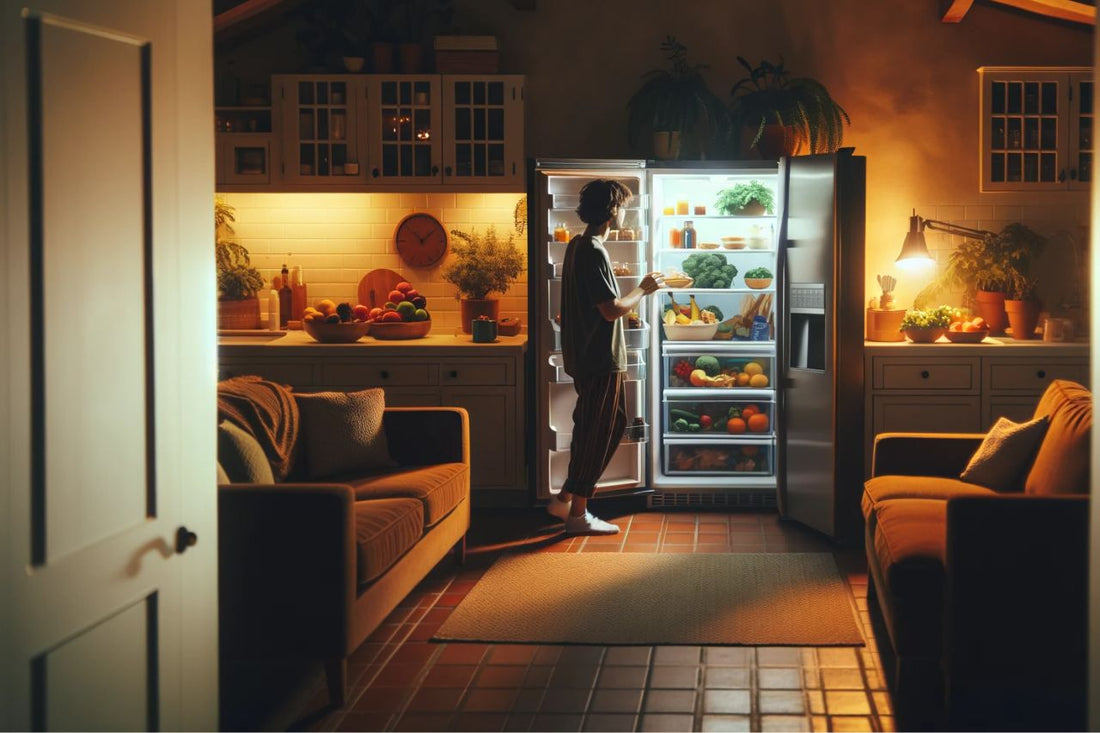 Een persoon opent een koelkast