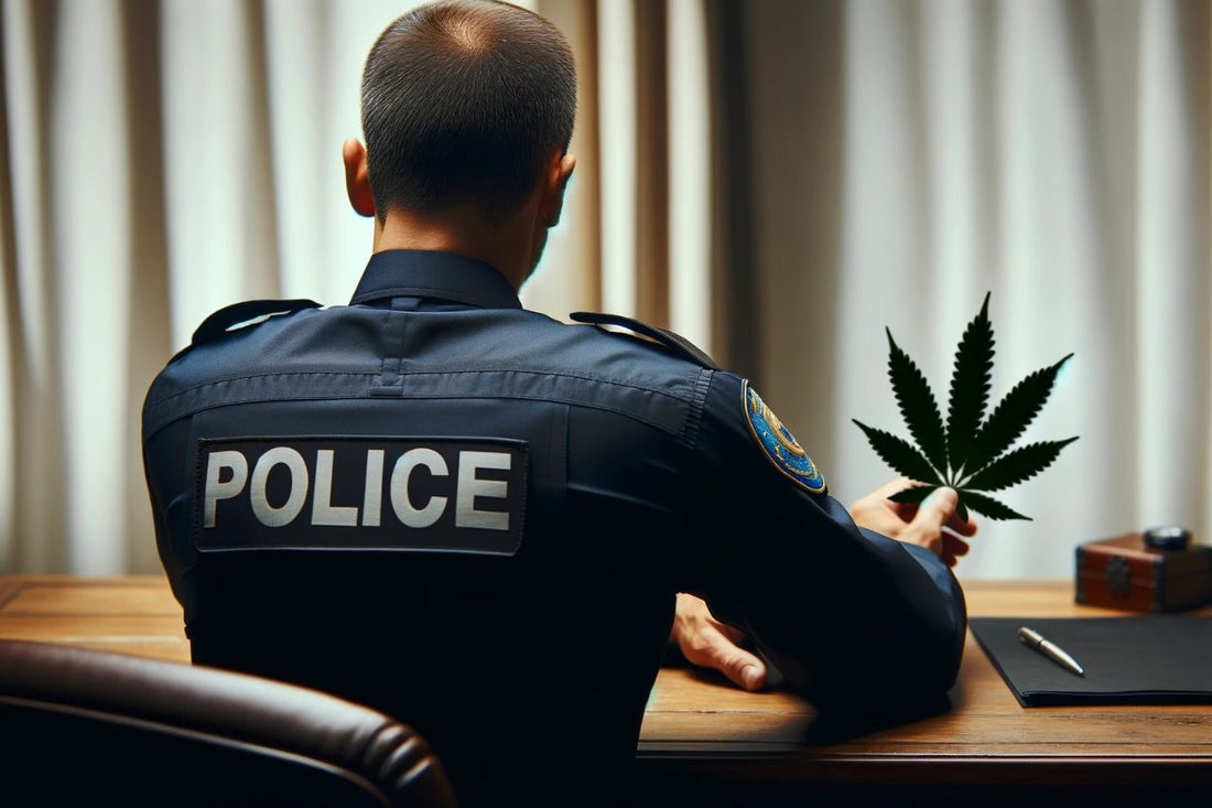 Politieagent met cannabisblad in de hand