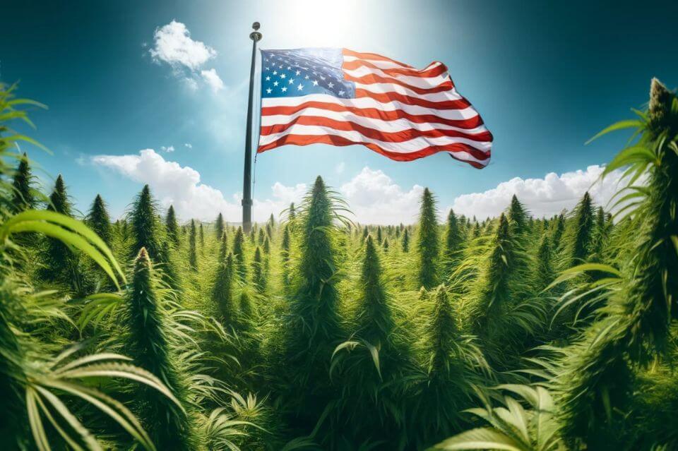 Zwaaien met Amerikaanse vlag in een cannabisveld