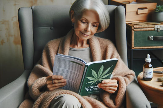 Bejaarde vrouw met boek over cannabis