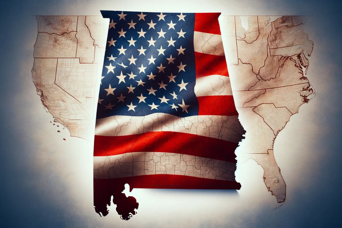 Kaart van Alabama en vlag van de VS