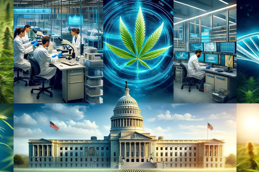 Onderzoekers en een cannabisblad