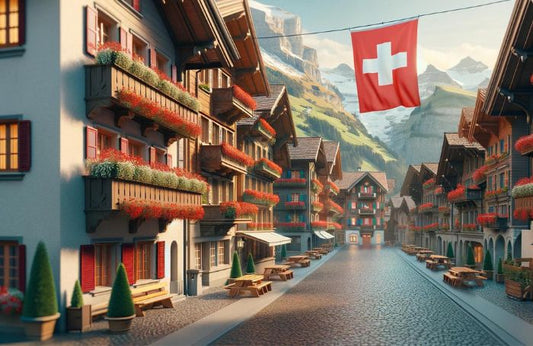Zwaaien met Zwitserse vlag in klein stadje in Zwitserland