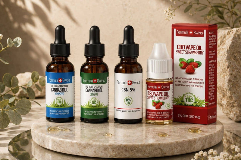 CBD-oliën 5% van Formula Swiss in hennepzaadolie en olijfolie, CBN-olie 5% en een CBD-vape-olie met aardbeiensmaak op een marmeren standaard