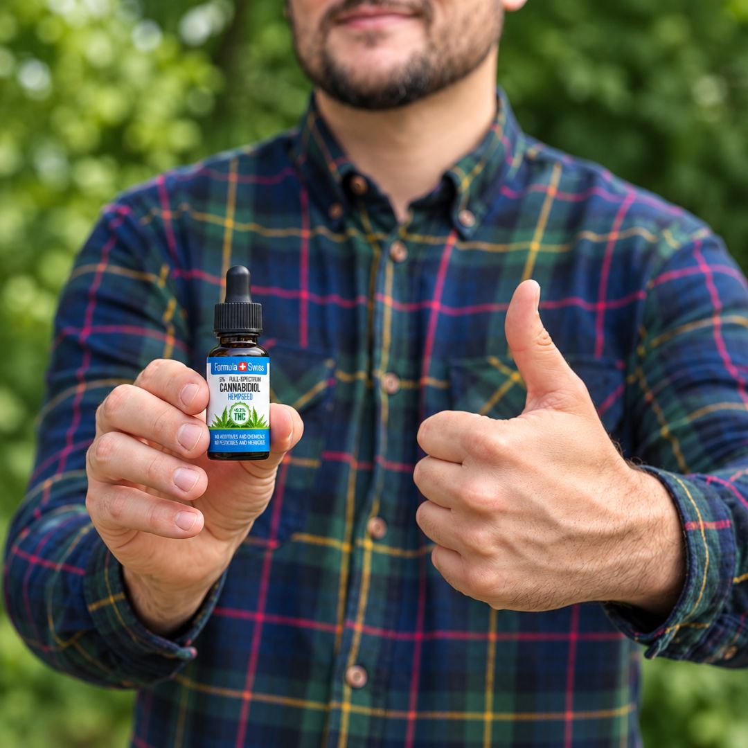 Persoon met een flesje CBD-olie in hennepzaadolie van Formula Swiss die een duim omhoog steekt