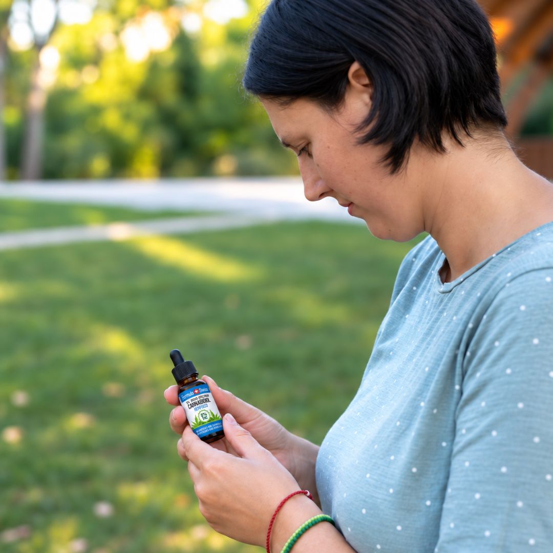 Vrouw in een park die het etiket van een flesje CBD-olie leest, in een lichtblauw shirt met stippen