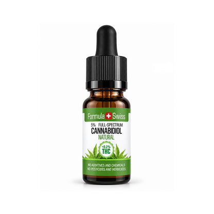 Amberkleurig druppelflesje van 10 ml met CBD-olie in MCT-olie Naturel van Formula Swiss, 5% volledig spectrum