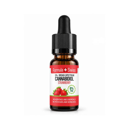 Amberkleurig druppelflesje CBD-olie in MCT-olie Aardbei van Formula Swiss, 0% THC, op een witte achtergrond