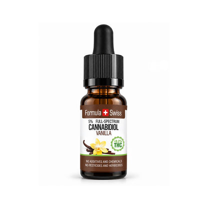 Amberkleurig druppelflesje CBD-olie in MCT-olie Vanille van Formula Swiss, 5% volledig spectrum, etiket met vanillebloemen