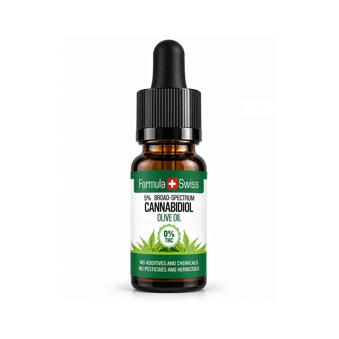 Amberkleurig druppelflesje CBD-olie in olijfolie van Formula Swiss, 0% THC, met zwarte dop op een lichtgrijze achtergrond