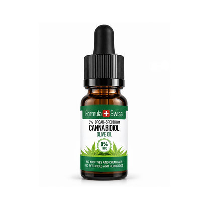 Amberkleurig druppelflesje CBD-olie in olijfolie van Formula Swiss, 0% THC, met zwarte dop op een lichtgrijze achtergrond