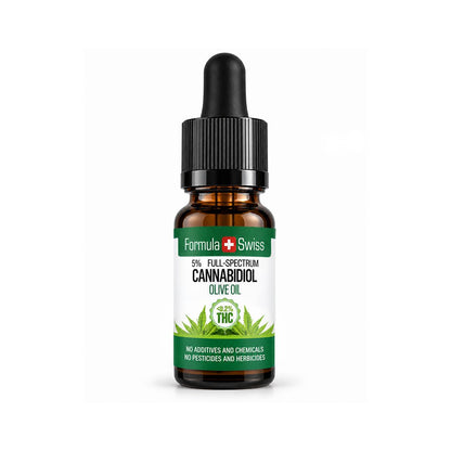 Amberkleurig druppelflesje CBD-olie in olijfolie van Formula Swiss, <0,2% THC, met zwarte dop op een lichtgrijze achtergrond