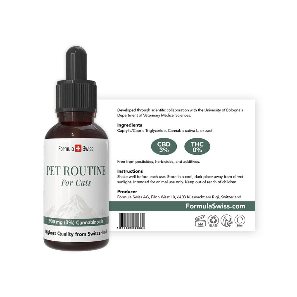 Flesje CBD-olie voor katten van Formula Swiss met pipet op een witte achtergrond