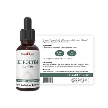 Flesje CBD-olie voor katten van Formula Swiss met pipet op een witte achtergrond