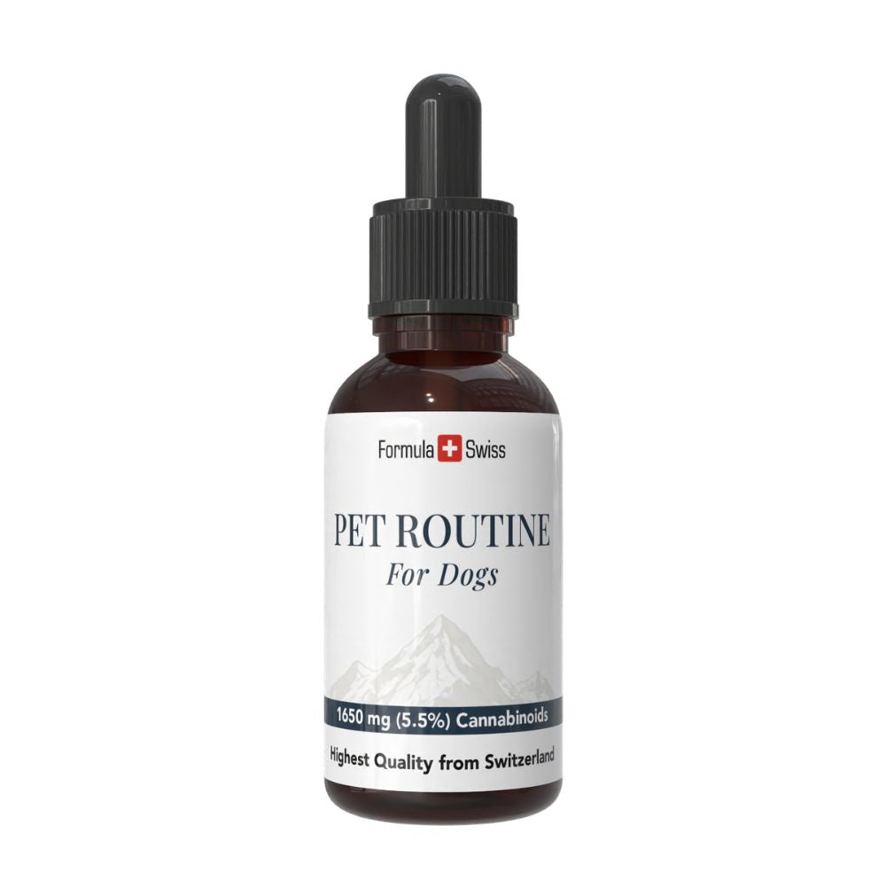 Flesje Pet Routine voor honden met wit etiket op een witte achtergrond