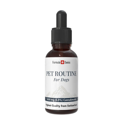 Flesje Pet Routine voor honden met wit etiket op een witte achtergrond