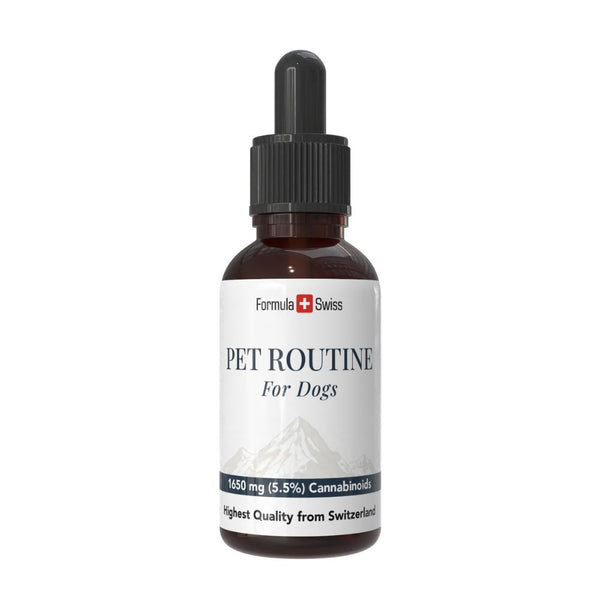 Flesje Pet Routine voor honden met wit etiket op een witte achtergrond