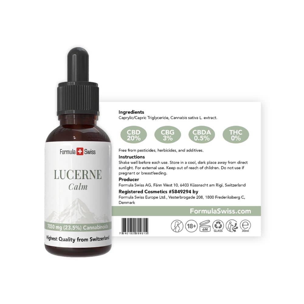 Flesje Lucerne Calm met etiket op een witte achtergrond