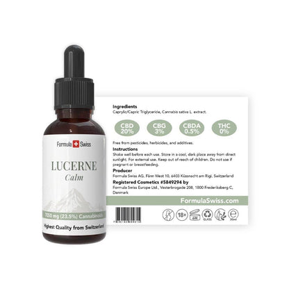 Flesje Lucerne Calm met etiket op een witte achtergrond