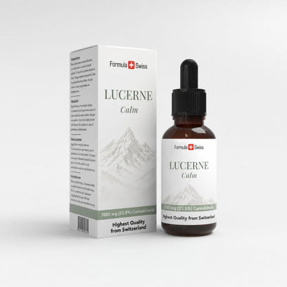 Flesje en verpakking van Lucerne Calm van Formula Swiss op een witte achtergrond