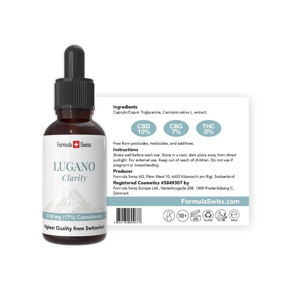 CBD-druppelflesje met het etiket “Lugano Clarity” van Formula Swiss op een witte achtergrond.