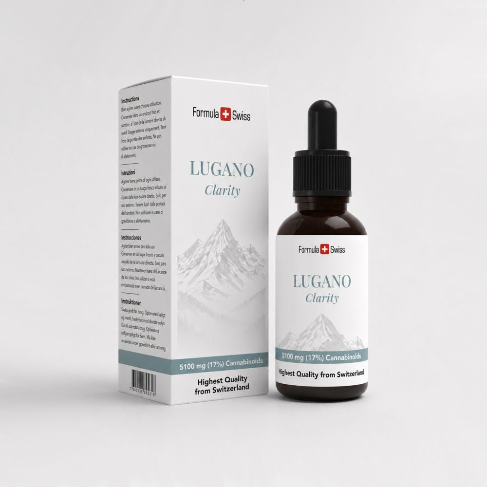 Flesje en verpakking van Lugano Clarity van Formula Swiss op een witte achtergrond