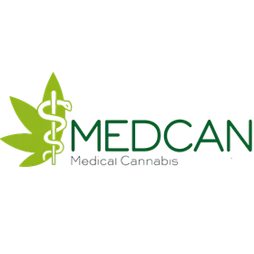 MEDCAN medical cannabis logo with a green cannabis leaf and pharmacy symbol on a transparent background.