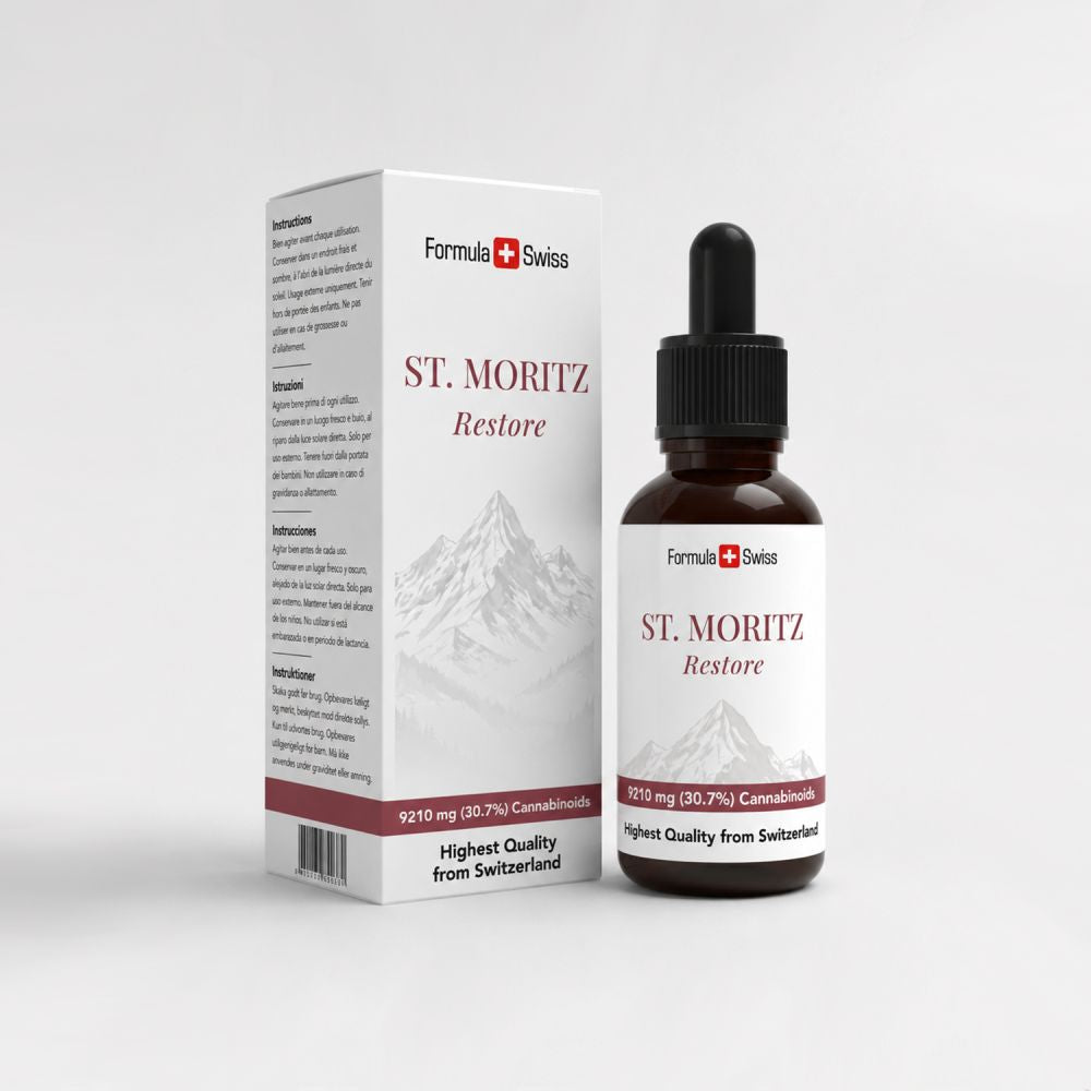 Flesje en verpakking van St. Moritz Restore op een witte achtergrond