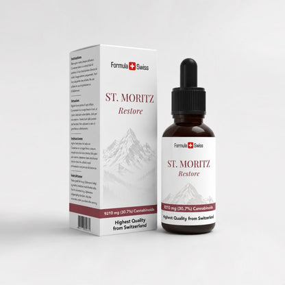 Flesje en verpakking van St. Moritz Restore op een witte achtergrond