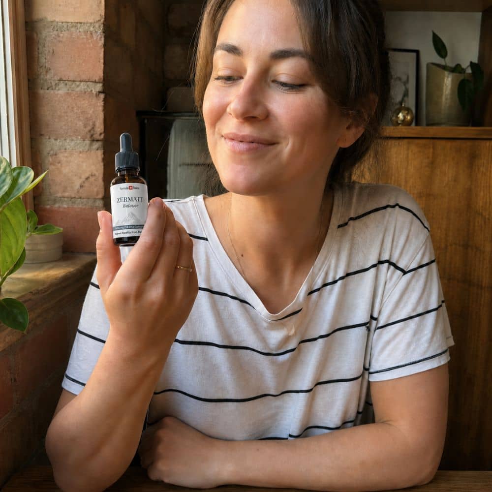 Vrouw met een flesje Zermatt CBD-olie in een gezellig interieur.