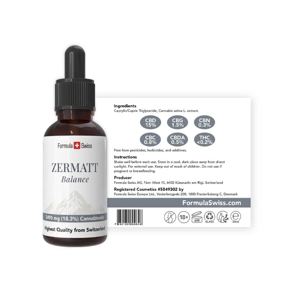 CBD-flesje Zermatt Balance met etiket op een witte achtergrond