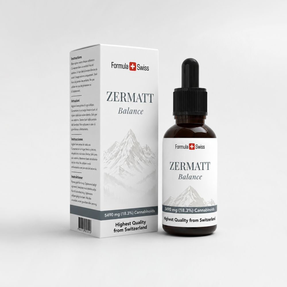 Verpakking van Zermatt Balance met flesje en doosje op een lichtgrijze achtergrond
